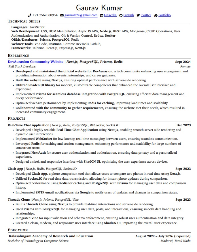 gaurav07c's tweet image. Rate My Resume for Frontend Developer Position Scale of 1-10     ..I am seeking a full stack  developer position. If you have any opportunities, please refer me here my resume &amp;amp; projects links @piyushgarg_dev @mannupaaji @100xDevs @kirat_tw @Hiteshdotcom @jackfriks @arihantCodes