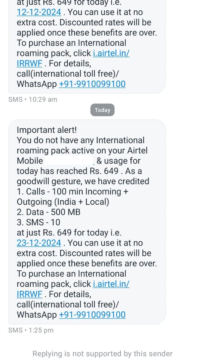 sabharim's tweet photo. @airtelindia scam alert!  They just randomly send messages like this, and charge Rs 649 per day even though one does not use International roaming.  I got this latest message when I was in India! Why does @Airtel_Presence think that UP is International. How to resolve this?? https://t.co/AiDPMawNdW