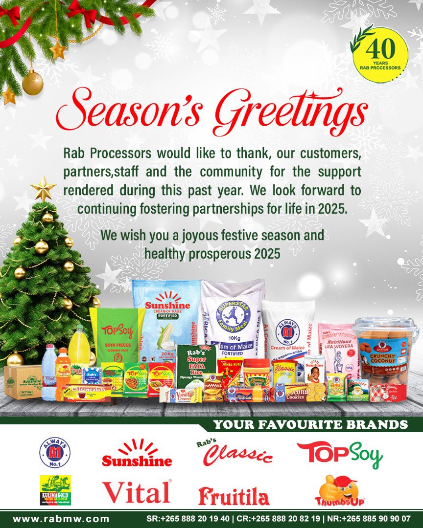 Season’s Greetings from all of us to you! May your holidays be filled with joy, love, and unforgettable moments. Cheers to a wonderful festive season!

#SeasonsGreetings #rabgroup #rabprocessors #mediaonemw #malawi
