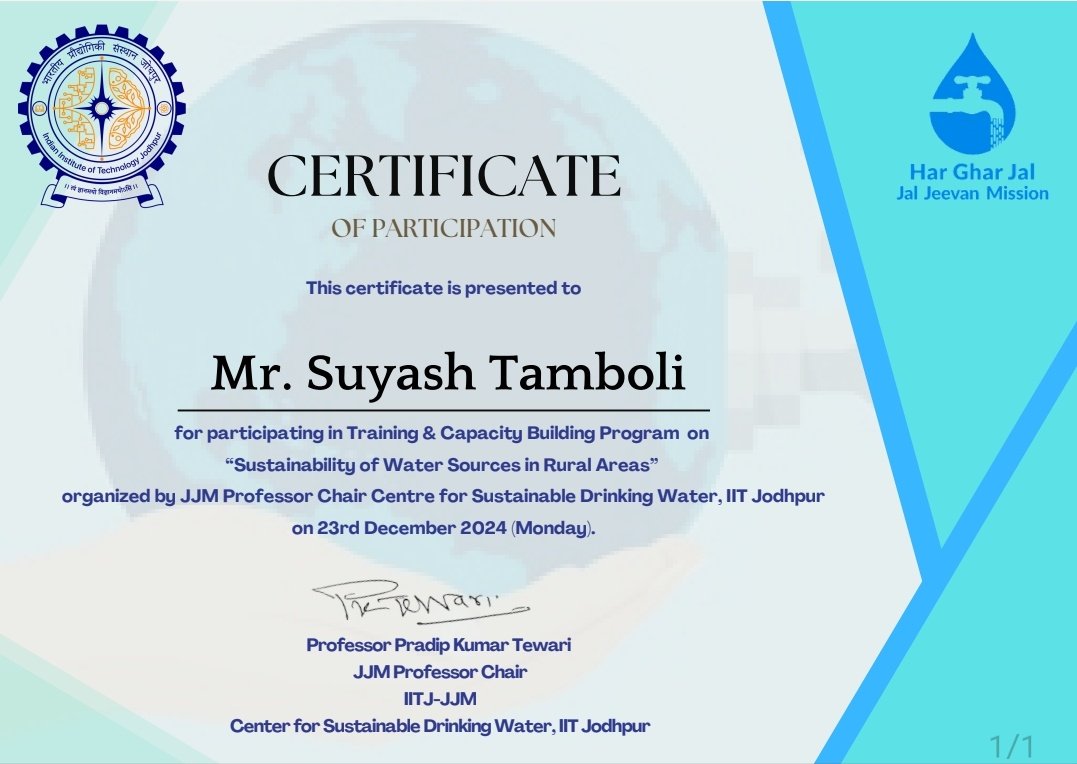Suyashspeakss's tweet photo. Delighted to attend the Online One-Day Capacity Building Program on Sustainability of Water Sources in Rural Areas for Sustainable Drinking Water Sources under Jal Jeevan Mission organised by SPM-NIWAS and IIT-J. https://t.co/OZnjJSJ1CM
