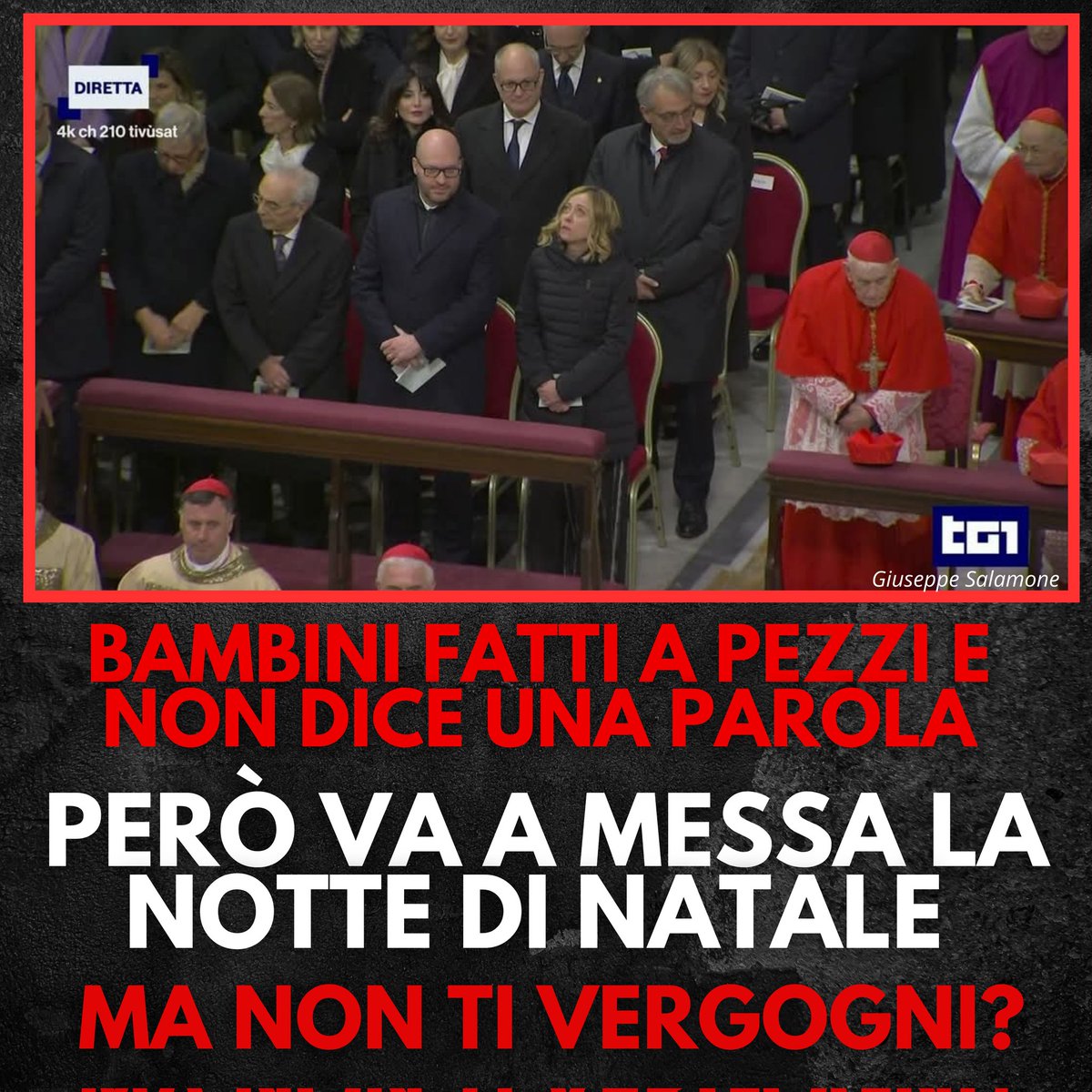 In prima fila mentre tace davanti a bambini fatti a pezzi e si volta dall'altra parte davanti a uno sterminio che sta avvenendo grazie anche a lei. Perché l'apparire è più importante dell'essere. Quell'apparire che sta generando dei mostri di dimensioni enormi!

Buon Natale