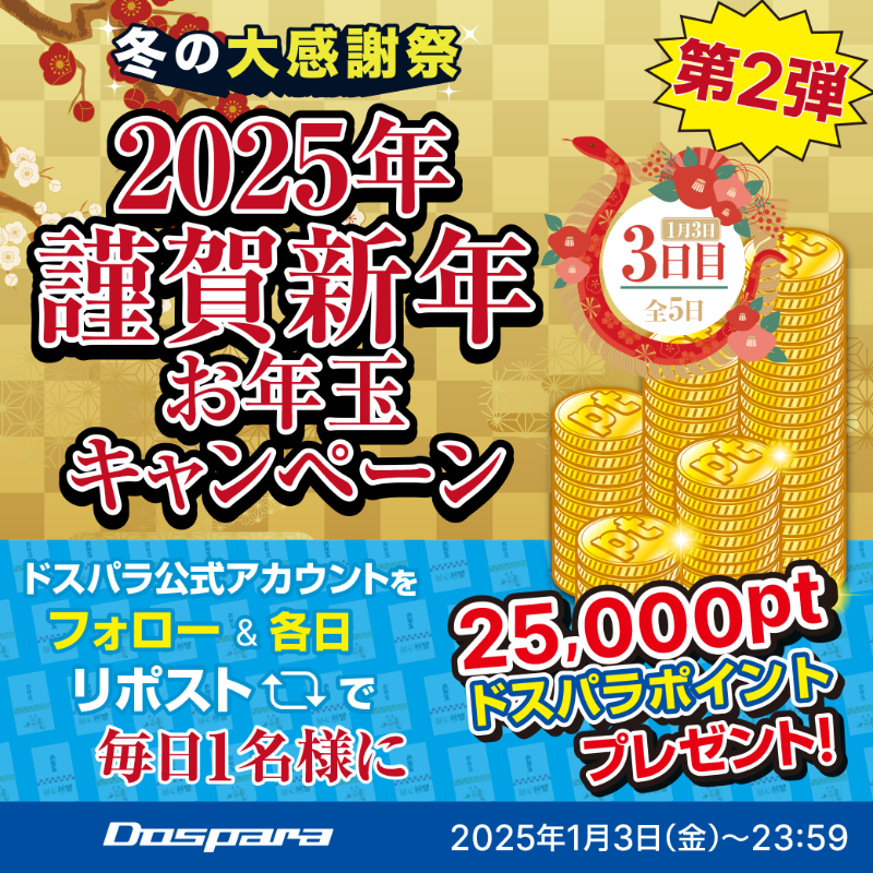 dospara_web's tweet photo. ／
冬の大感謝祭 第2弾
2025年謹賀新年
お年玉キャンペーン🎉
＼

抽選で1名様に
『ドスパラポイント25,000円分』が当たる🎁

ご応募は✨
①@dospara_webをフォロー
②この投稿をリポスト

締切👇
1/3(金)23:59迄【3日目/全5日】 https://t.co/7pd5m0h9YJ