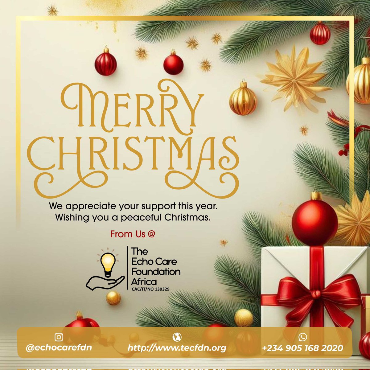 echocarefdn's tweet photo. On behalf of the Trustees, Executives and Volunteers at TECF Africa, I want to wish you and your entire family a Merry Christmas 🎄🔆🎅🏾

- Kenie Odeyemi
Founder &amp; Executive Director

#TECFChristmas  #TECFAfrica #Foundation #Care #Service #God #Humanity #Humanitarian #Love #Jesus https://t.co/ZmZwH4C33v