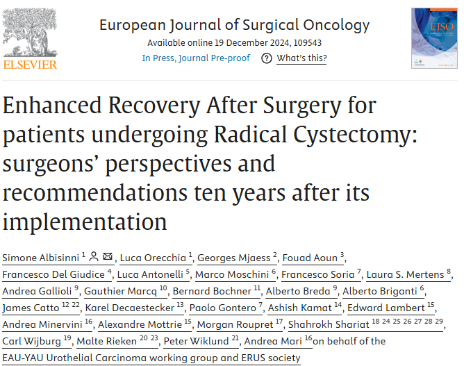 andreamari08's tweet image. 🎅Excited to share our latest research on #ERAS in #RadicalCystectomy, now published in @ejsotweets. 
We critically revisit perioperative care patterns integrating recent surgical advances.
Honored to work with @albisinnidoc, @UroMoschini and a stellar panel of urologic surgeons