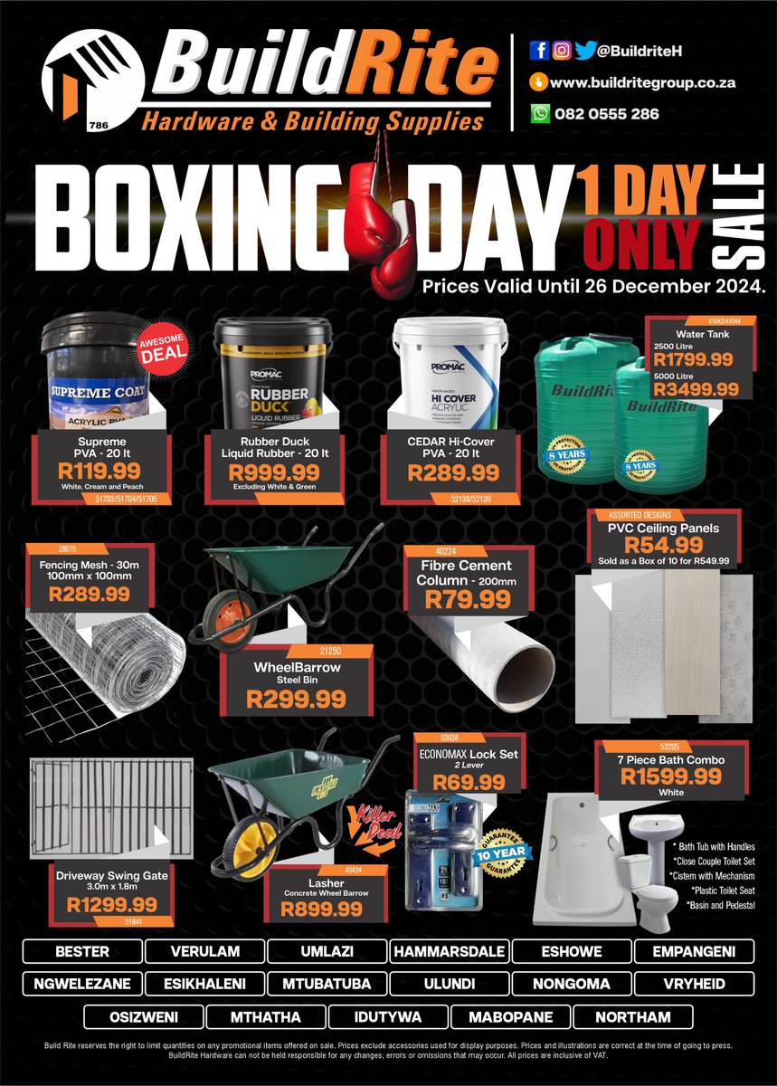 BuildriteH's tweet photo. This Boxing Day, BuildRite is bringing you the most exciting deals like never before!😁 We are bringing you exclusive discounts on your favourite items.

Boxing Day Sale Valid for the 26th of December 2024 ONLY

*Terms and Conditions Apply*

#boxingday #sale #specials #buildrite https://t.co/GkL0sZpVx1