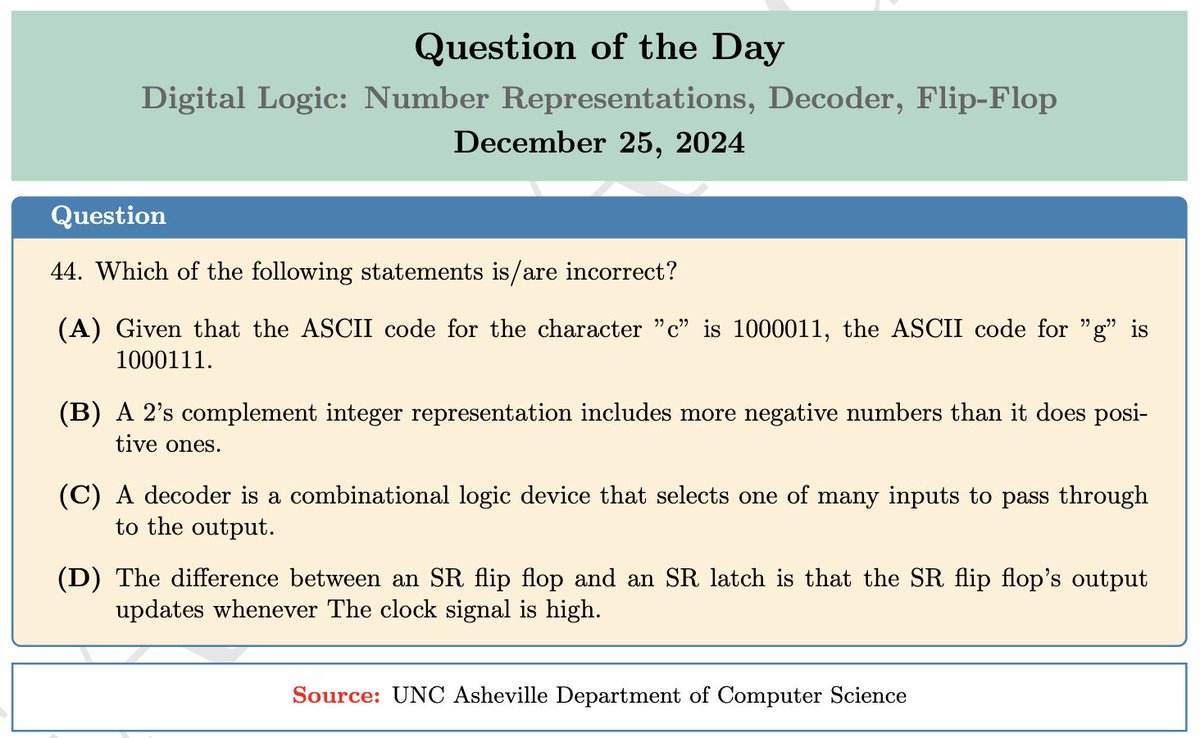 GATEAndTech's tweet image. 🚀 🏆 Question of the Day ✨🎯
📌 For Answers: Join our Telegram Group t.me/gateandtechcse
#GATE2025 #GATECSE #GATEExam #DailyDose #QuestionOfTheDay #GateAndTech