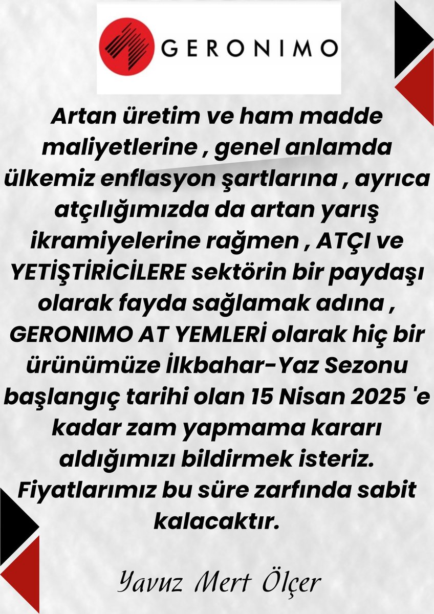 Geronimo (@geronimoatyemi) on Twitter photo Geronimo At Yemleri Duyurusu
<a href="/yavuzmertler/">yavuz mert ölçer</a> , <a href="/_TJK_/">Türkiye Jokey Kulübü</a> , <a href="/TYAYSD/">TYAYSD</a> , <a href="/siaysd/">SİAYSD</a> , <a href="/enginbekir/">Engin BEKİROĞULLARI</a> , <a href="/cantinazhakan/">Hakan Cantınaz</a> , <a href="/Atahanzilcioglu/">Atahan Zilcioglu</a> , <a href="/yarisanaliz1/">Tolgahan İmal</a> , <a href="/YarisRuzgari/">🏇 Yarış Rüzgarı 🌪️</a> , <a href="/startingbox/">Enver Arslan</a> , <a href="/fedai_kahraman/">Fedai Kahraman</a> , <a href="/Bekiroulla51748/">Bekiroğulları</a> Geronimo At Yemleri Duyurusu
<a href="/yavuzmertler/">yavuz mert ölçer</a> , <a href="/_TJK_/">Türkiye Jokey Kulübü</a> , <a href="/TYAYSD/">TYAYSD</a> , <a href="/siaysd/">SİAYSD</a> , <a href="/enginbekir/">Engin BEKİROĞULLARI</a> , <a href="/cantinazhakan/">Hakan Cantınaz</a> , <a href="/Atahanzilcioglu/">Atahan Zilcioglu</a> , <a href="/yarisanaliz1/">Tolgahan İmal</a> , <a href="/YarisRuzgari/">🏇 Yarış Rüzgarı 🌪️</a> , <a href="/startingbox/">Enver Arslan</a> , <a href="/fedai_kahraman/">Fedai Kahraman</a> , <a href="/Bekiroulla51748/">Bekiroğulları</a>