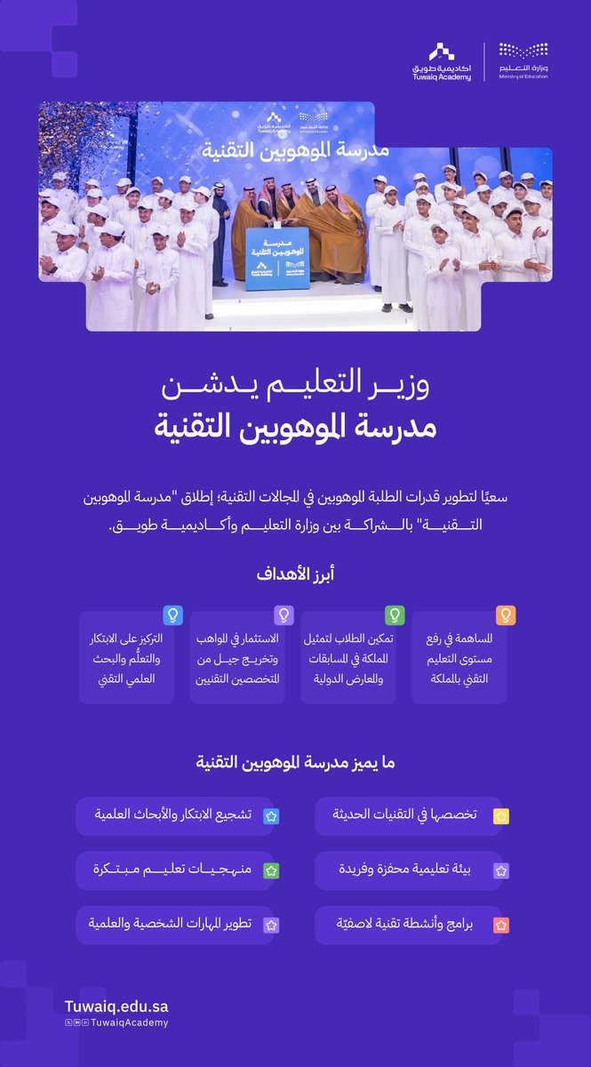 TuwaiqAcademy's tweet image. معالي وزير التعليم يدشن #مدرسة_الموهوبين_التقنية @TuwaiqSchools  في أكاديمية طويق، بحضور معالي وزير الاتصالات وتقنية المعلومات ورئيس مجلس إدارة أكاديمية طويق، كأول مدرسة متخصصة في التقنية؛ لإعداد جيل تقني واعد.