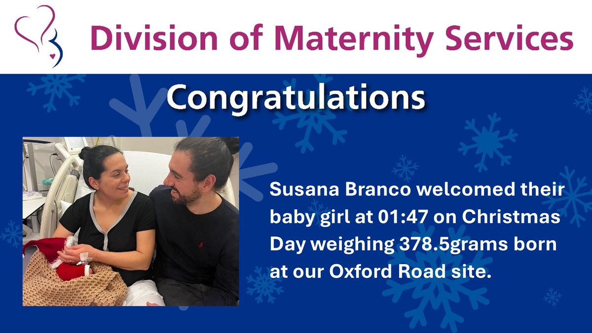 🎄Merry Christmas from us all at Saint Mary's.  A special welcome to baby Branco who was born at 01:47 this morning weighing 378.5 grams at our Oxford Road site.  Sending best wishes to mum, dad and baby.