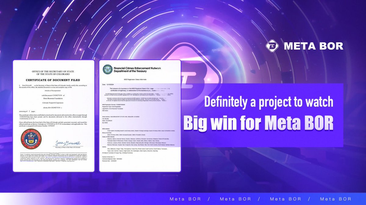 Krystal_Eth's tweet photo. 所有加密爱好者的快速更新!🚨
Meta BOR 和 Omni Resonate Foundation
他们已从 FinCEN 获得 MSB 许可证!🎉
如果您正在寻找一个值得关注并密切关注的可靠项目,@Meta_BOR 绝对值得关注!🚀
#MetaBOR #OmniResonate #MSB #CryptoFuture https://t.co/SdMF03mA3r
