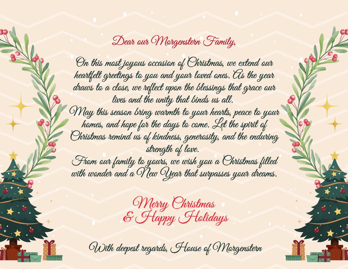 _TheMorgenstern's tweet image. To : The Morgenstern Family (@happiebby)

Merry Christmas and Happy New Year 2024

Deepest regards,
H O U S E   O F   ＭＯＲＧＥＮＳＴＥＲＮ