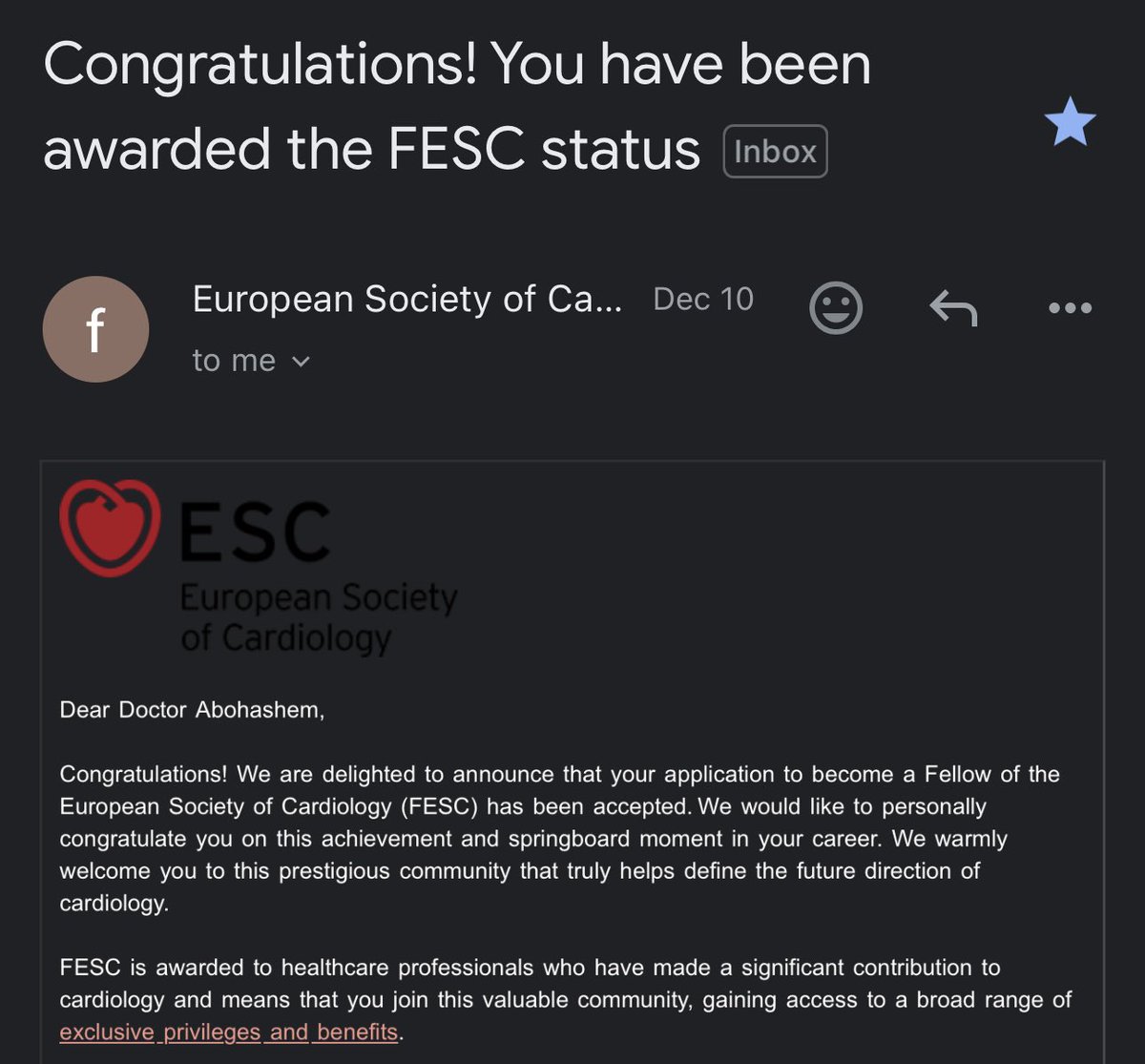 Shady Abohashem, MD MPH FESC (@shadyabohashem) on Twitter photo Honored for my election as a Fellow of the European Society of Cardiology (FESC)! Grateful for the support of Dr. <a href="/AboyansV/">Victor Aboyans</a> and the <a href="/escardio/">European Society of Cardiology</a> community in advancing cardiovascular research and care. Looking forward to contributing further! #CardioTwitter #CardioMed #FESC Honored for my election as a Fellow of the European Society of Cardiology (FESC)! Grateful for the support of Dr. <a href="/AboyansV/">Victor Aboyans</a> and the <a href="/escardio/">European Society of Cardiology</a> community in advancing cardiovascular research and care. Looking forward to contributing further! #CardioTwitter #CardioMed #FESC