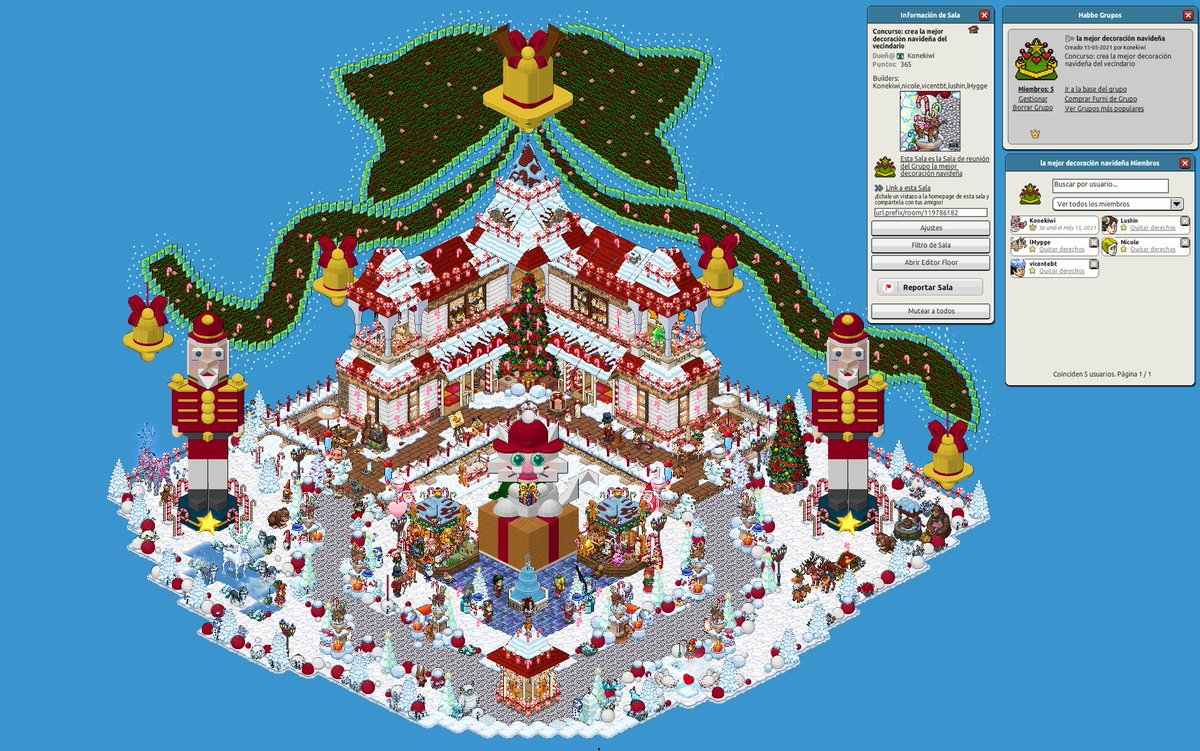 🎄Nuestra participación en el concurso de
 LA MEJOR DECORACIÓN NAVIDEÑA DEL VECINDARIO 

Participantes: 
Konekiwi
Lushin
lHygge
Nicole
vicentebt

🔗Imagen: imgur.com/gallery/la-mej…  
🔗Sala: habbo.es/room/119786182 

<a href="/ESHabbo/">Habbo ES/MX</a> <a href="/Habbo/">Habbo</a> #Habbo🎄