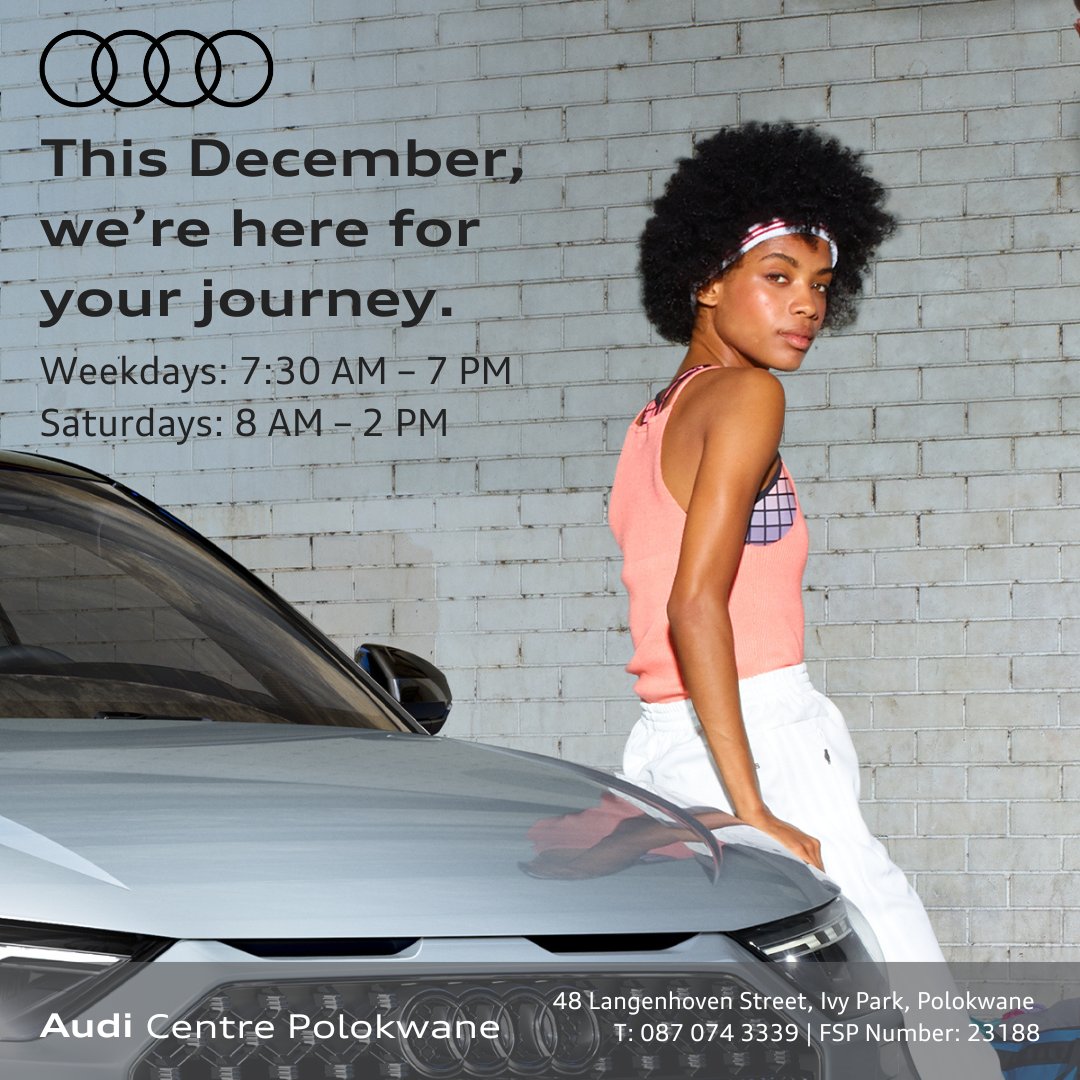 polokwane_audi's tweet image. This December, we’re here for your journey by extending our business hours:
📅 Weekdays: 7:30 AM – 7:00 PM
📅 Saturdays: 8:00 AM – 2:00 PM
📞 087 074 3339
📍48 Langenhoven St, Ivypark, Polokwane.
#AudiCentrePolokwane #ProgressNeverStops