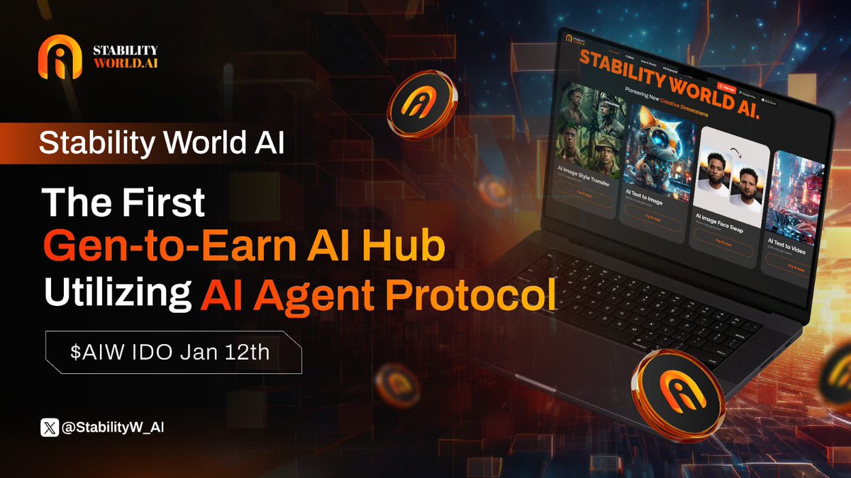 Excited to share that Stability World AI is hosting its $AIW token IDO on January 12, 2025!

This platform is a game-changer—it's the first Gen-to-Earn AI hub where users can create, train, and deploy custom AI Agents for anything from KOL models to animations. Each AI Agent is