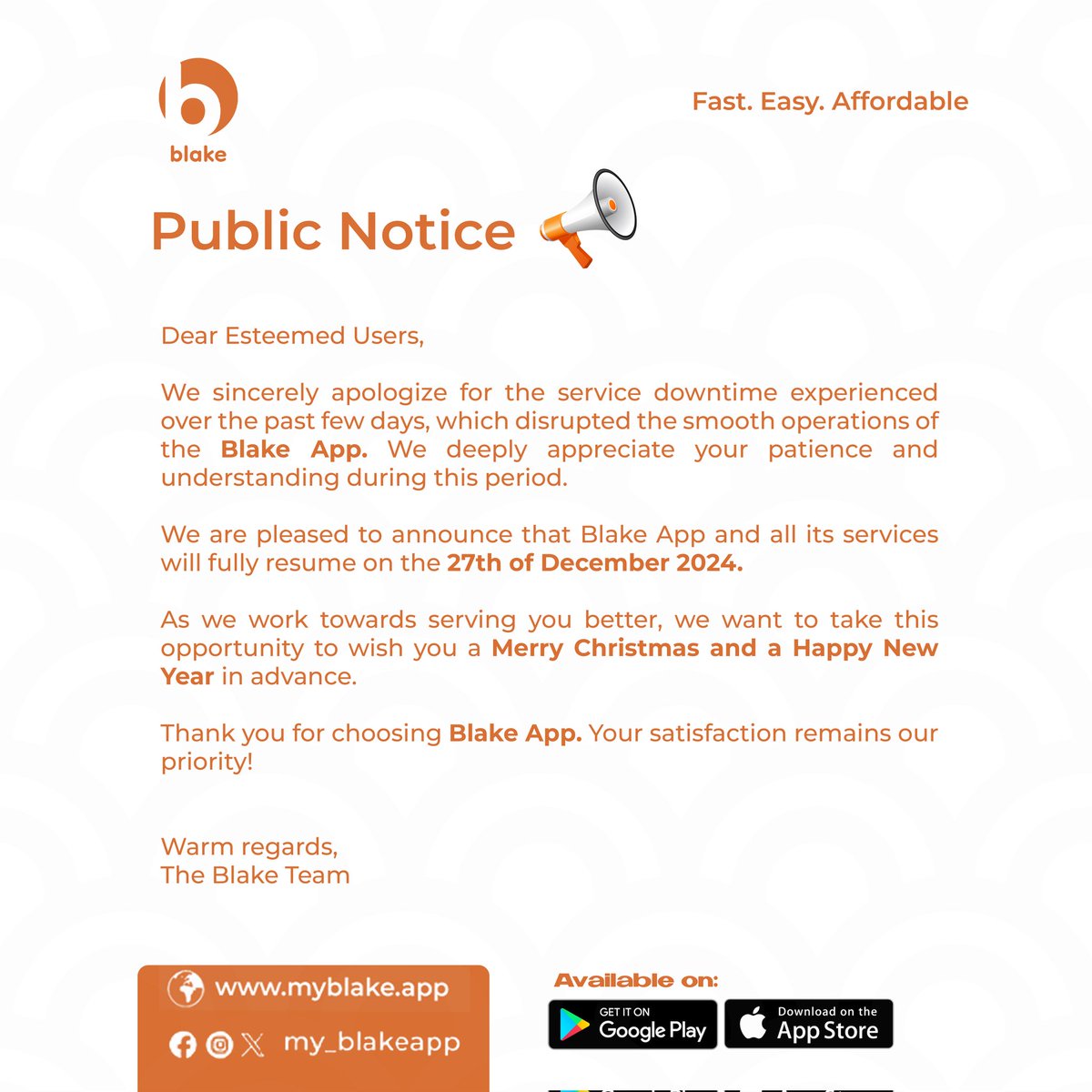 my_blakeapp's tweet photo. Dear Blakians, 

Thank you for all the times you came through for us, sharing in our growth, understanding our shortcomings and still sticking with us

We want to use this opportunity to say a Merry Christmas to all our esteemed customers and familia https://t.co/oLXAOYXtsH