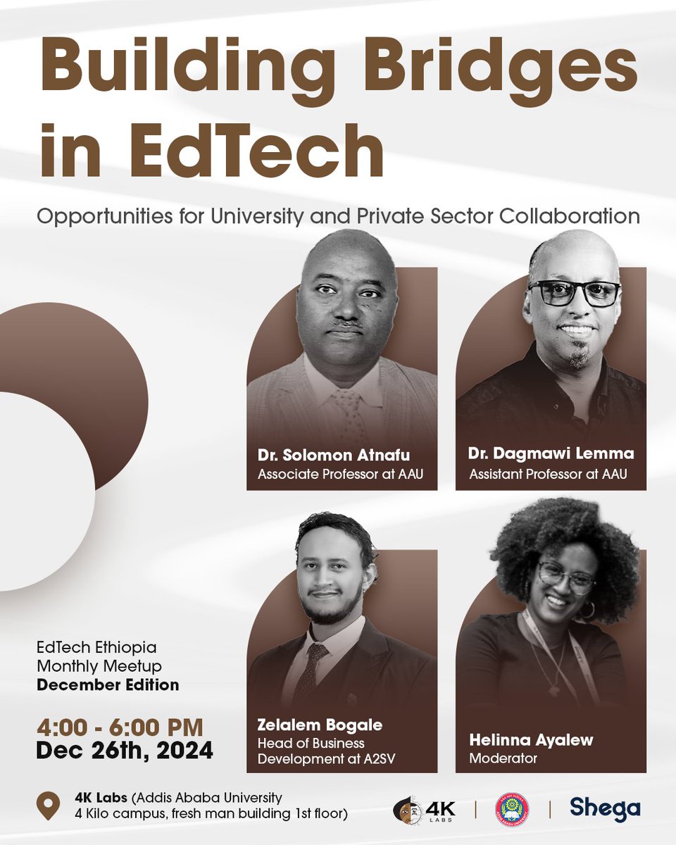 🌟 Meet the Experts! 🌟
We’re excited to introduce the esteemed panelists for Building Bridges in EdTech!

Reserve your spot here: shorturl.at/YNTKt

#EdTech #Collaboration #Innovation #HigherEd #TechForGood #4KLabs #Shega #FutureOfEducation