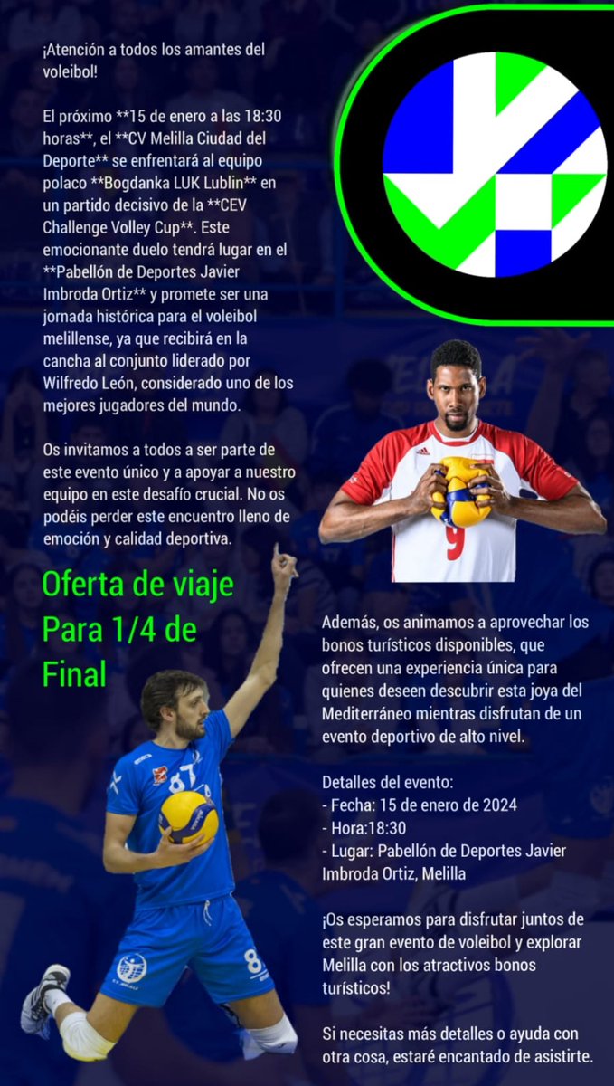 Cvmelilla (@cvmelilla) on Twitter photo ⚔️🏐Challenge Europa 15.01.25
¿Sabías que <a href="/MelillaTurismo/">Melilla Turismo</a> bonifica hasta el 75% de los ✈️⛴️🚢para viajar a Melilla? Y hasta 20€ 🏨.
2x1 #Melilla y #WilfredoLeon te puede salir por menos de 65 €
ℹ️bonosmelilla.es
<a href="/MelillaTurismo/">Melilla Turismo</a>
<a href="/melilla_deporte/">Melilla, Ciudad del Deporte</a>
<a href="/GobiernoMelilla/">Gobierno de Melilla</a> ⚔️🏐Challenge Europa 15.01.25
¿Sabías que <a href="/MelillaTurismo/">Melilla Turismo</a> bonifica hasta el 75% de los ✈️⛴️🚢para viajar a Melilla? Y hasta 20€ 🏨.
2x1 #Melilla y #WilfredoLeon te puede salir por menos de 65 €
ℹ️bonosmelilla.es
<a href="/MelillaTurismo/">Melilla Turismo</a>
<a href="/melilla_deporte/">Melilla, Ciudad del Deporte</a>
<a href="/GobiernoMelilla/">Gobierno de Melilla</a>