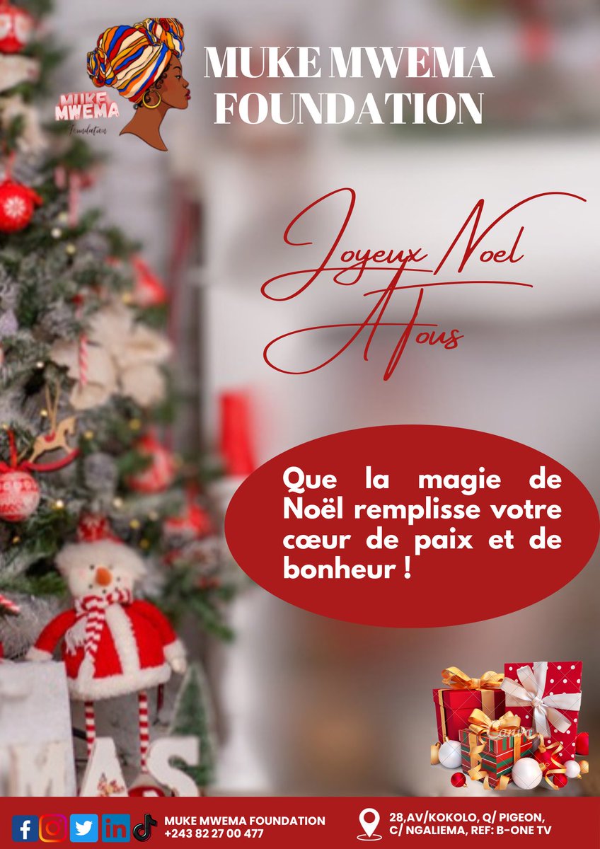 #LA_FONDATION_MUKE_MWEMA Vous souhaite #Joyeux_Noel🎄

En cette saison festive, nous vous souhaitons des moments de bonheur et de sérénité. Que Noël apporte chaleur et réconfort à votre foyer. 
Profitez bien de ces moments en famille et entre amis ! 🎉🌟