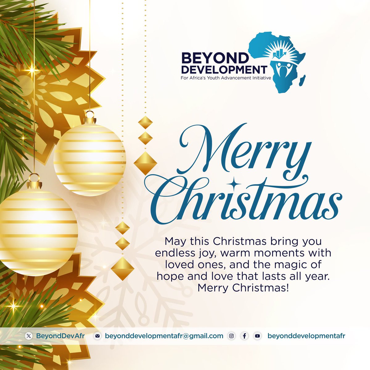 This Christmas, we celebrate hope and the promise of a better tomorrow. Wishing you a season filled with joy and blessings. Merry Christmas from Beyond Development.  #MerryChristmas #HappyHolidays #ChristmasGreetings #Africa #YouthDevelopment #beyonddevelopment