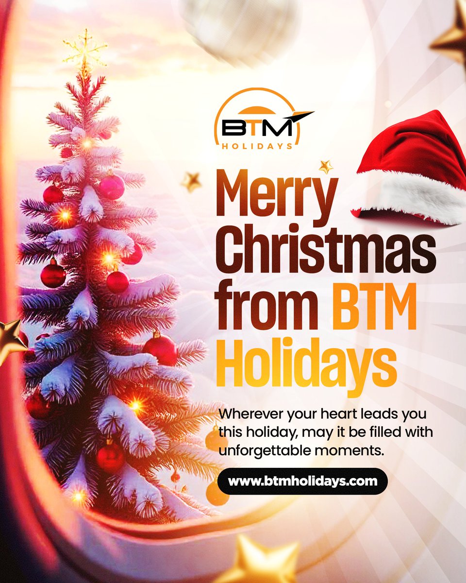 Btmholidays's tweet photo. Happy holidays from BTM Holidays! Create lasting memories with the gift of travel. 

#BTMHolidays #nigeria #travelagencynigeria #bookwithbtmholidays  #holidayvibes #weplanyouenjoy #merrychristmas #december #happyholidays #travel #travelagency #MerryChristmas https://t.co/tS1qMkpW9k