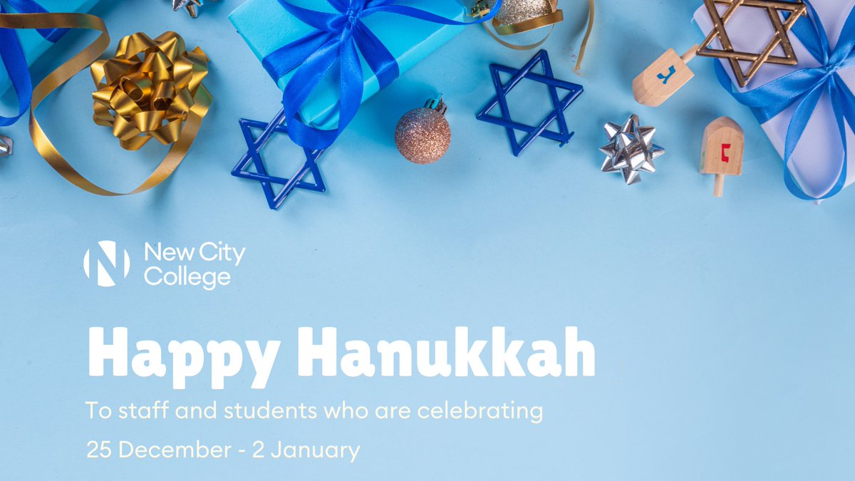 New City College sends warm wishes to everyone celebrating Hanukkah! 🕯️

The Festival of Lights is marked by lighting the menorah, enjoying festive foods, and exchanging gifts over eight days. Happy Hanukkah! 🕎✨ 

#Hanukkah #NewCityCollege