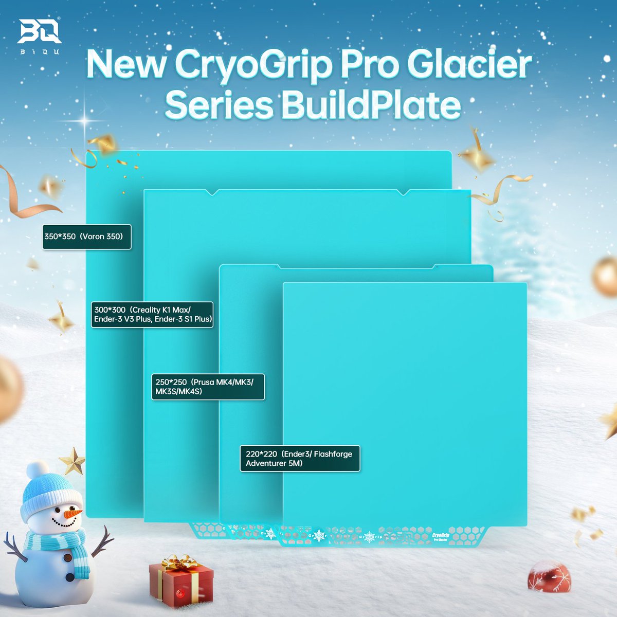 BIQU_3Dprinter's tweet image. It&apos;s time! 🎅🔔🎄 

This Christmas holiday, may your days be filled with joy, laughter, and the warmth of cherished moments. And here&apos;s a little gift of good news—new sizes of the CryoGrip Pro Glacier BuildPlate are now available! Check out the chart below to find the perfect fit…