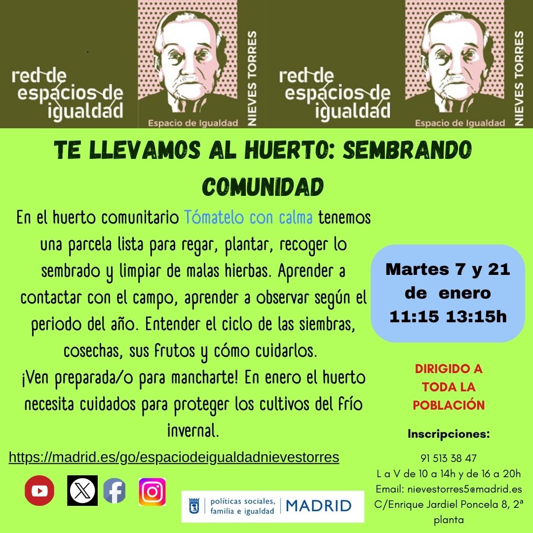 Os recordamos que el huerto sigue en enero, donde uno de los días iremos a hacer acopio de esquejes de cara a plantar para la  primavera.
Nos encontramos el 1er y 3er martes de mes a las 11:15h en el Huerto comunitario 🌶️tómatelo con calma🍎
Necesaria inscripción🥬