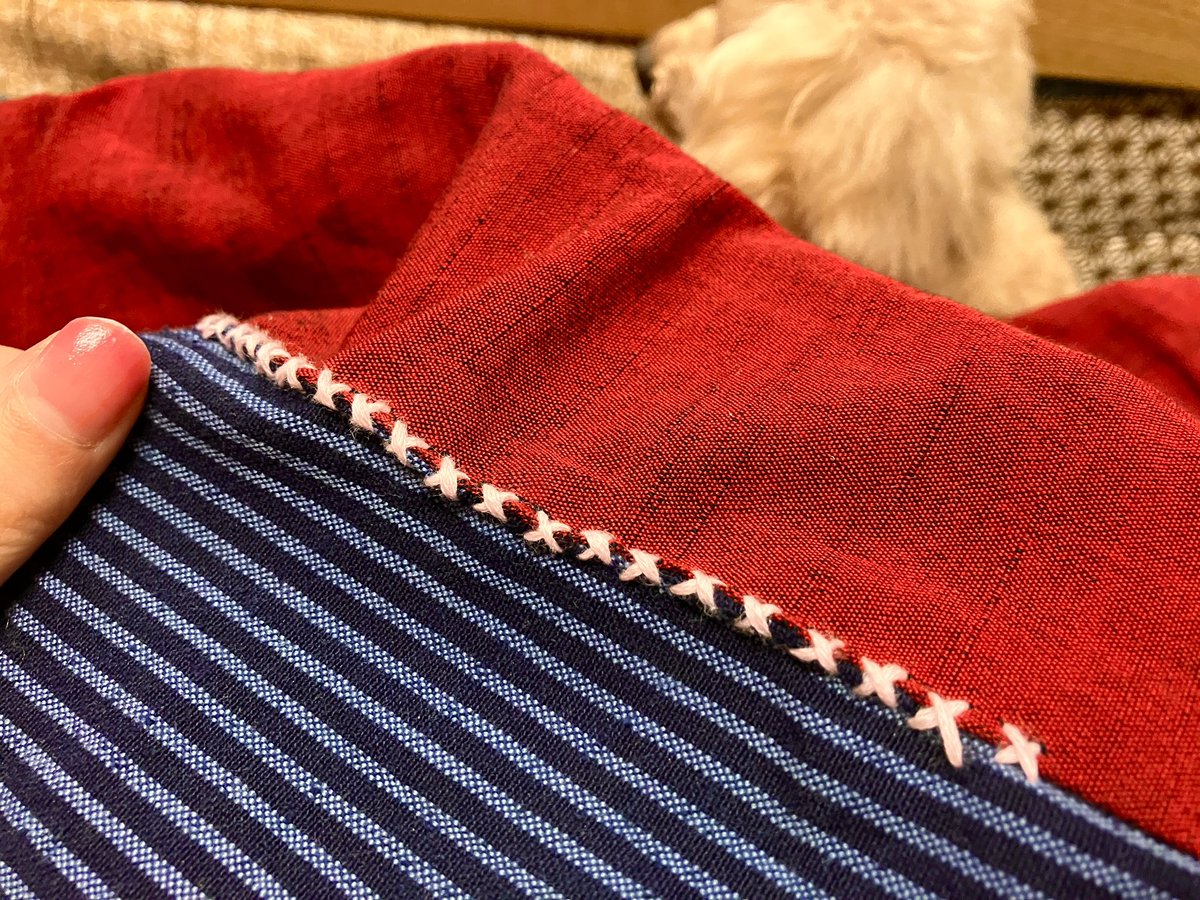 おばあちゃんから貰ったお気に入りのはんてん
長年つかってて時々破れるので
刺し子(っぽいもの)で修繕しながら使ってます
大事にしてる感があるし可愛いしお気に入り🧡
愛着〜〜

後ろに写ってるのは我が家のワンコです🐶笑