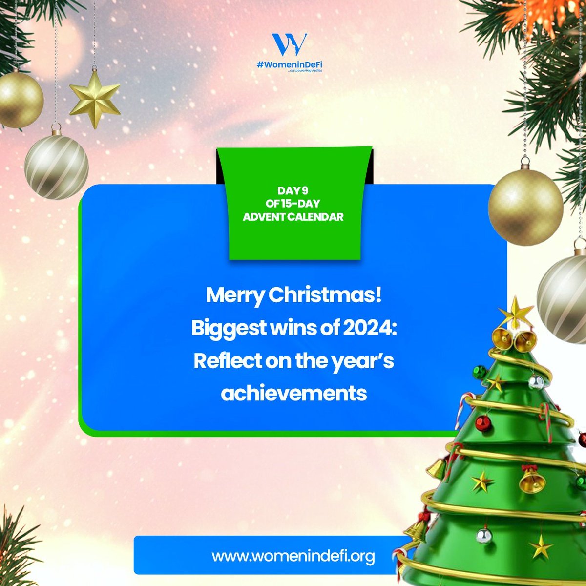 womenindefi_org's tweet photo. From us at WomenInDeFi, we wish you a Merry Christmas ❤ loaded with lots of goodies.

Don't forget it's DAY 9 of our 15-day advent calendar Christmas campaign.

Still in high spirits of the season, we want you to reflect on this year's achievements and tell us about your biggest wins of 2024.

Remember even the smallest wins count!