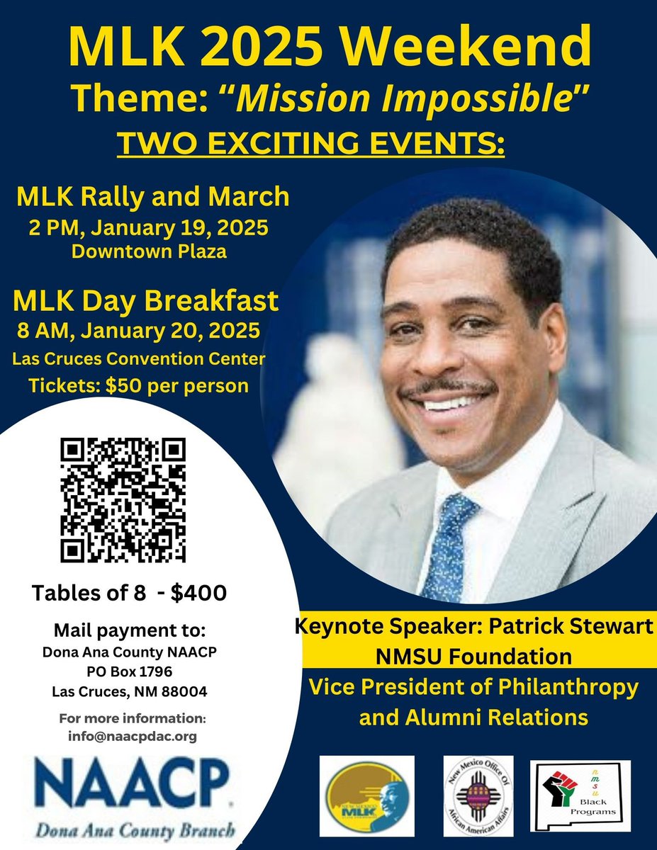 BlackNmsu's tweet photo. Join us @blacknmsu, @nm_oaaa, @naacp_dac and the @nmsufoundation on January 19th and 20th for an inspiring and exciting time. #MLK2025 #BlackPrograms #AfricanAmericanAffairs #NAACPDonaAna #NMSUFoundation #GreatState #GoAggies https://t.co/Q68WJXtN8i