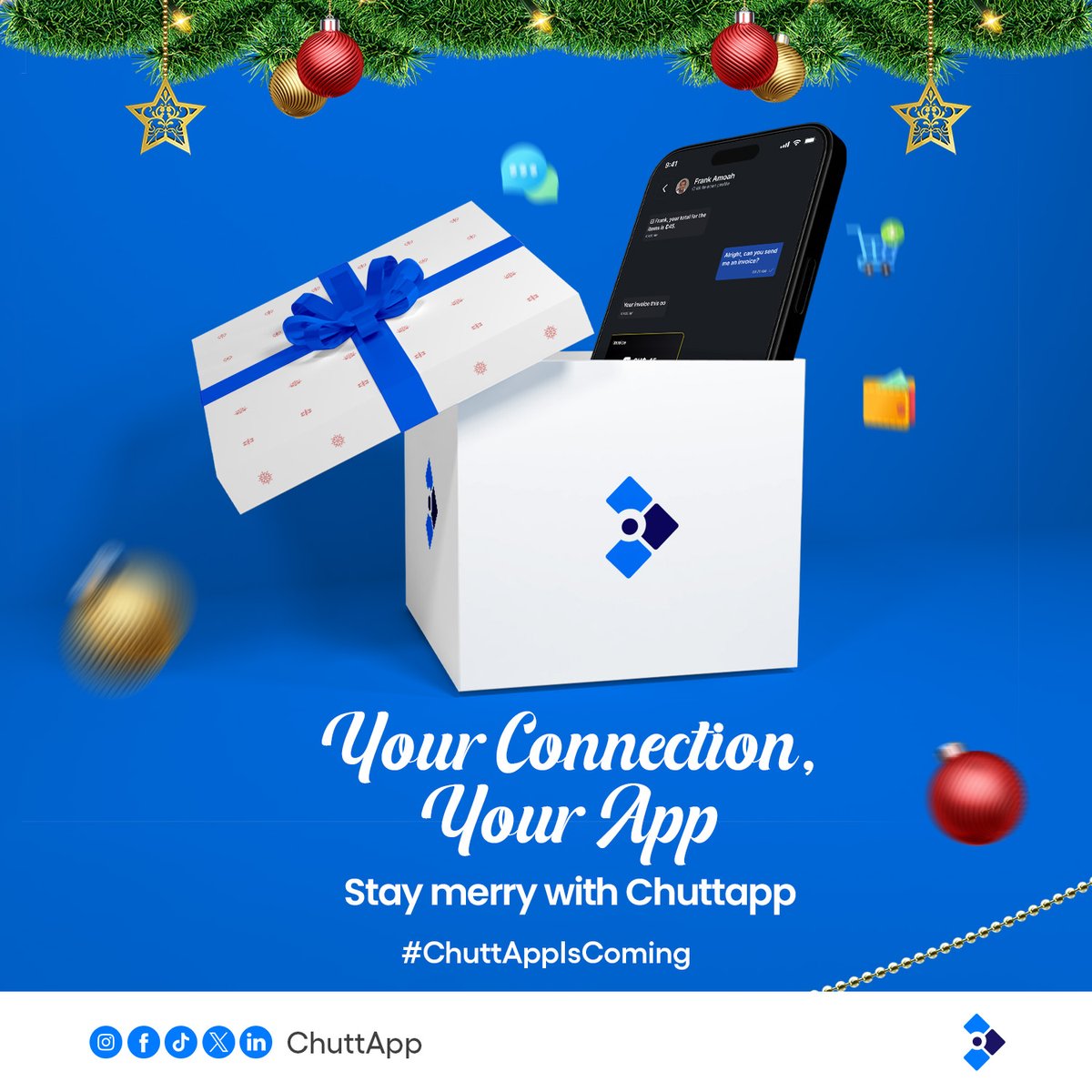 ChuttApp's tweet photo. Christmas just got a major upgrade!Out of the box and into your life—ChuttApp is here to make your holidays brighter.
Chat with loved ones.
Send money effortlessly.
Shop smarter. It’s the season of giving—and ChuttApp is the gift that keeps on giving.#ChuttApp #ChristmasWithChuttApp