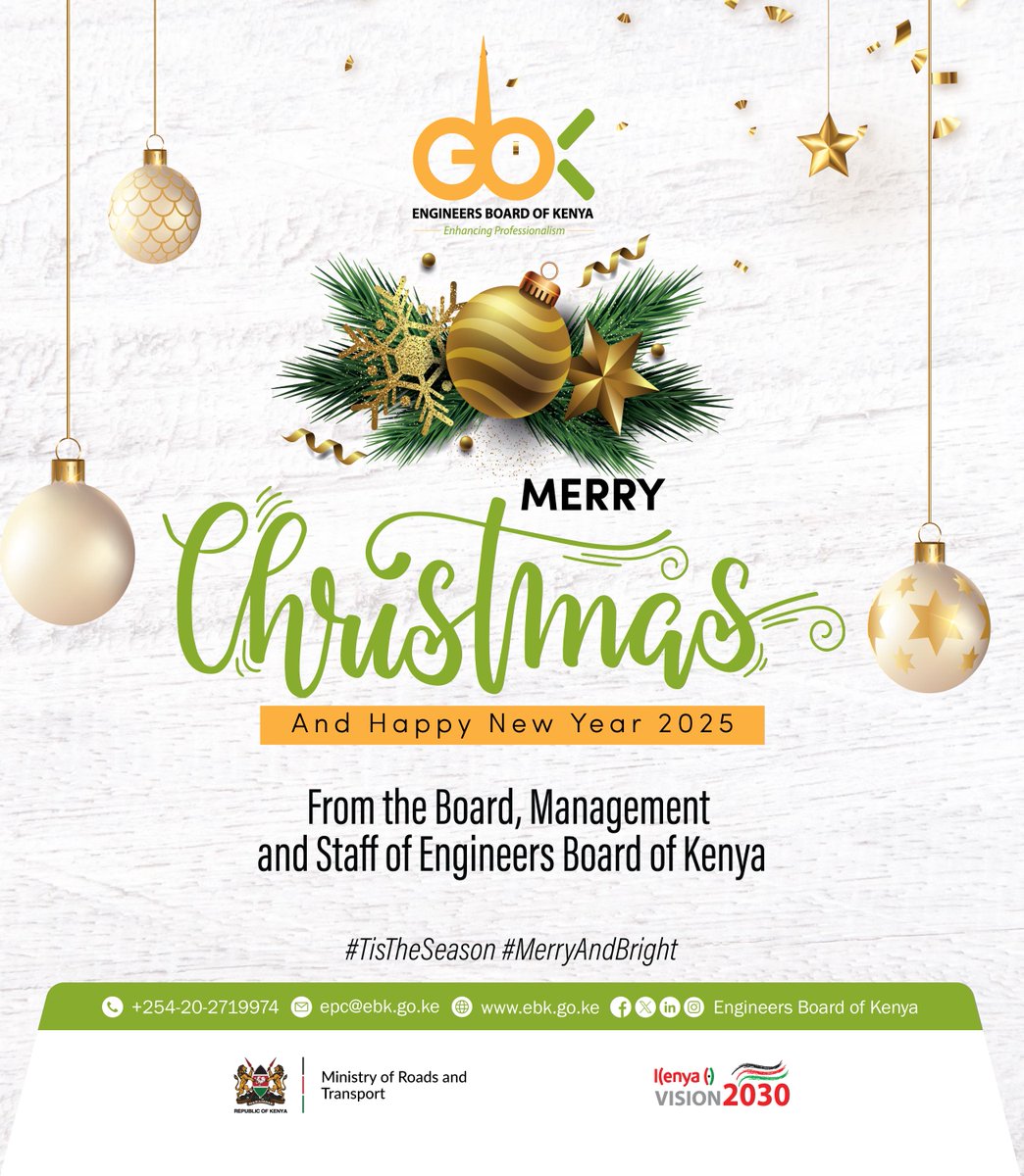 Engineers Board of Kenya (@engineersboard) on Twitter photo Wishing you all a joyful and peaceful Christmas from all of us at the <a href="/EngineersBoard/">Engineers Board of Kenya</a>.
May this festive season bring you happiness, warmth, and cherished moments with your loved ones.
#MerryChristmas
<a href="/TransportKE/">Ministry of Roads and Transport | Kenya</a>
<a href="/Roads_KE/">State Department For Roads</a>
<a href="/EngEKMwongera/">Eng. Erastus K. Mwongera, CE, FIEK, CBS| EBS| OGW</a>
<a href="/Eng_MaggieOgai/">Eng. Margaret Ogai</a>
<a href="/TheIEK/">The Institution of Engineers of Kenya</a>
<a href="/ACEK1968/">The Association of Consulting Engineers of Kenya</a> Wishing you all a joyful and peaceful Christmas from all of us at the <a href="/EngineersBoard/">Engineers Board of Kenya</a>.
May this festive season bring you happiness, warmth, and cherished moments with your loved ones.
#MerryChristmas
<a href="/TransportKE/">Ministry of Roads and Transport | Kenya</a>
<a href="/Roads_KE/">State Department For Roads</a>
<a href="/EngEKMwongera/">Eng. Erastus K. Mwongera, CE, FIEK, CBS| EBS| OGW</a>
<a href="/Eng_MaggieOgai/">Eng. Margaret Ogai</a>
<a href="/TheIEK/">The Institution of Engineers of Kenya</a>
<a href="/ACEK1968/">The Association of Consulting Engineers of Kenya</a>