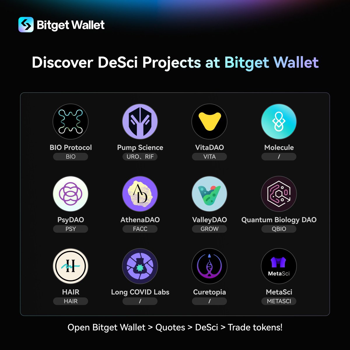 BitgetWallet's tweet photo. 🎄✨ Will the #DeSci meme trend dominate 2025?

Seize early trading opportunities and explore top DeSci projects with #BitgetWallet: @bioprotocol @pumpdotscience @vita_dao @Molecule_dao @psy_dao @athena_DAO_ @valley_dao @QuantumBioDAO @HairDAO_ @longcovidlabs @endrarediseases @metasci_me 

Which DeSci gem should we add next? Drop your favorites below! 🎁👇