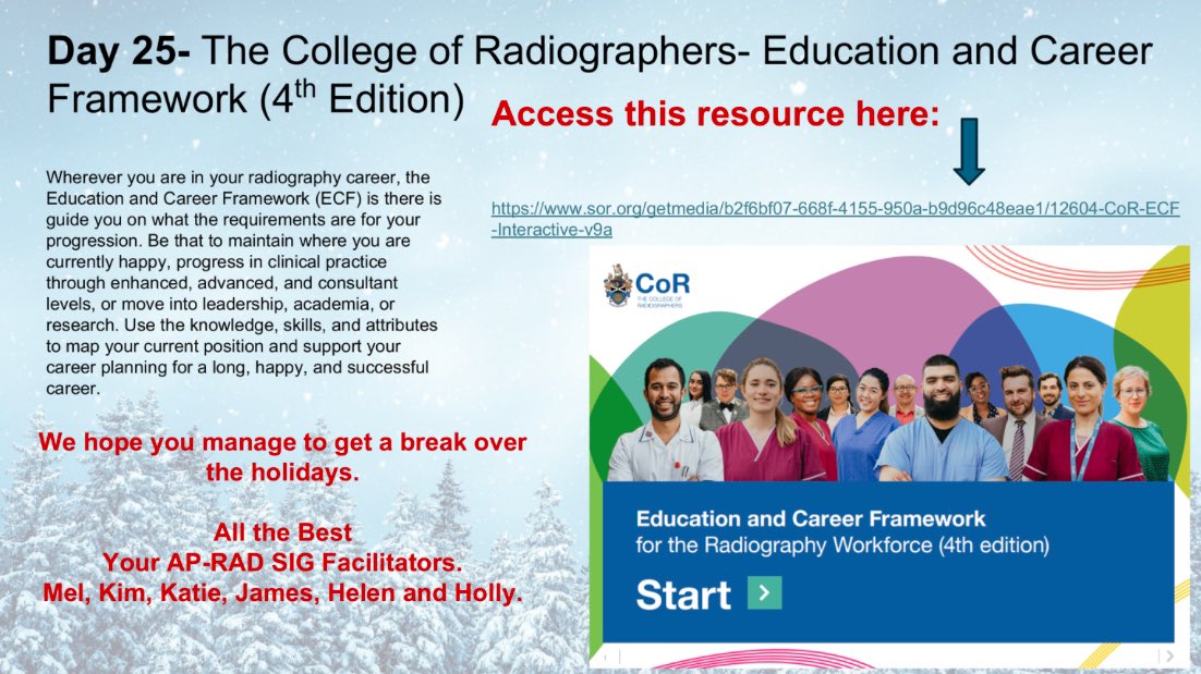 And on the 25th of December, the AP-RAD SIG gives you the CoR’s education and career framework to help guide your career progression 

The group wish everyone a happy holidays 

To access the holiday calendar and resources like this join the AP-RAD-SIG sor.org/about/get-invo…