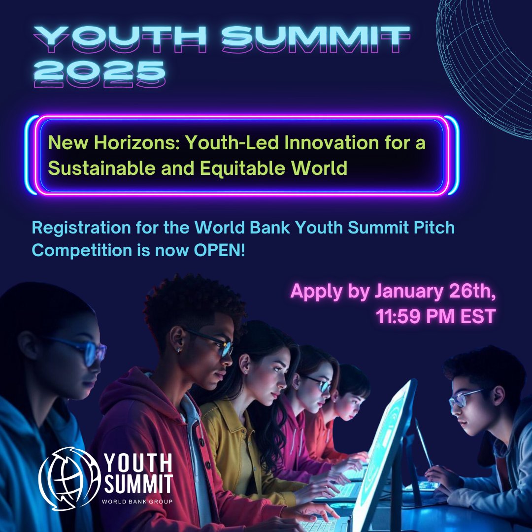World Bank Climate (@wbg_climate) on Twitter photo Ready to tackle global challenges? Share your solutions in digital transformation, climate action, or creative industries at the <a href="/WorldBank/">World Bank</a> Group Youth Summit 2025. Apply by Jan 26, 2025: wrld.bg/hA3L50UtBOy #WBGYouthSummit Ready to tackle global challenges? Share your solutions in digital transformation, climate action, or creative industries at the <a href="/WorldBank/">World Bank</a> Group Youth Summit 2025. Apply by Jan 26, 2025: wrld.bg/hA3L50UtBOy #WBGYouthSummit