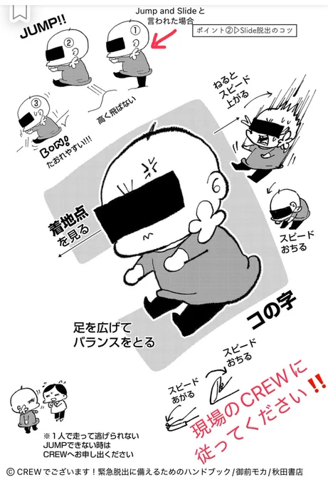 引用の事故調査経過報告によると
⭐️L1/R1 Slide…傾斜が緩く、Slide滑降時に途中で止まってしまった。
⭐️L4 Slide…Slideの傾斜が急であったため、L4担当CREWは「Sit and Slide」を指示したが多くの乗客が着地の際に転倒
とありました。(P97要約)
シュースタタタタタ
傾斜急→やや前傾、つま先UP意識 