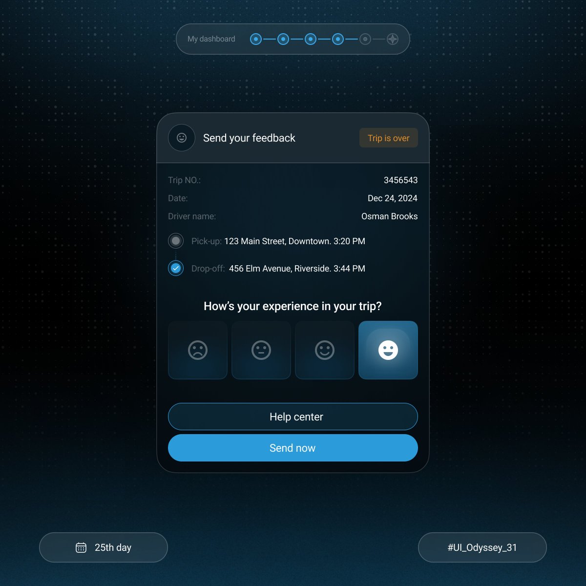 Hello:)))))

📅 Day 25 of UI_Odyssey_31! Rate your rides with ease! 🚖 Introducing the Taxi Feedback Component – share your experience, rate your driver, and help us create better journeys for everyone. 🌟
#UI_Odyssey_31 #uidesign #productdesign #uiux #uiuxdesign