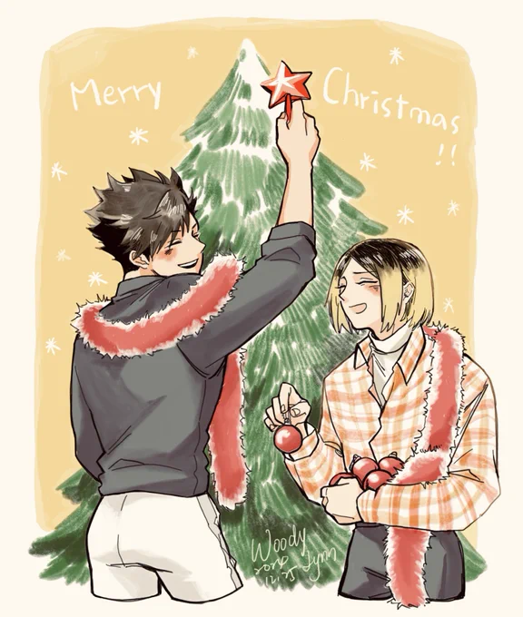 クリスマス当日にやっとツリーを飾り始めることに笑ってしまった二人「いっそバレンタインが終わるまで置いとこうか。」「母さんが絶対先に耐えられなくなるよ。」Merry Christmas!#kuroken #黒+研 