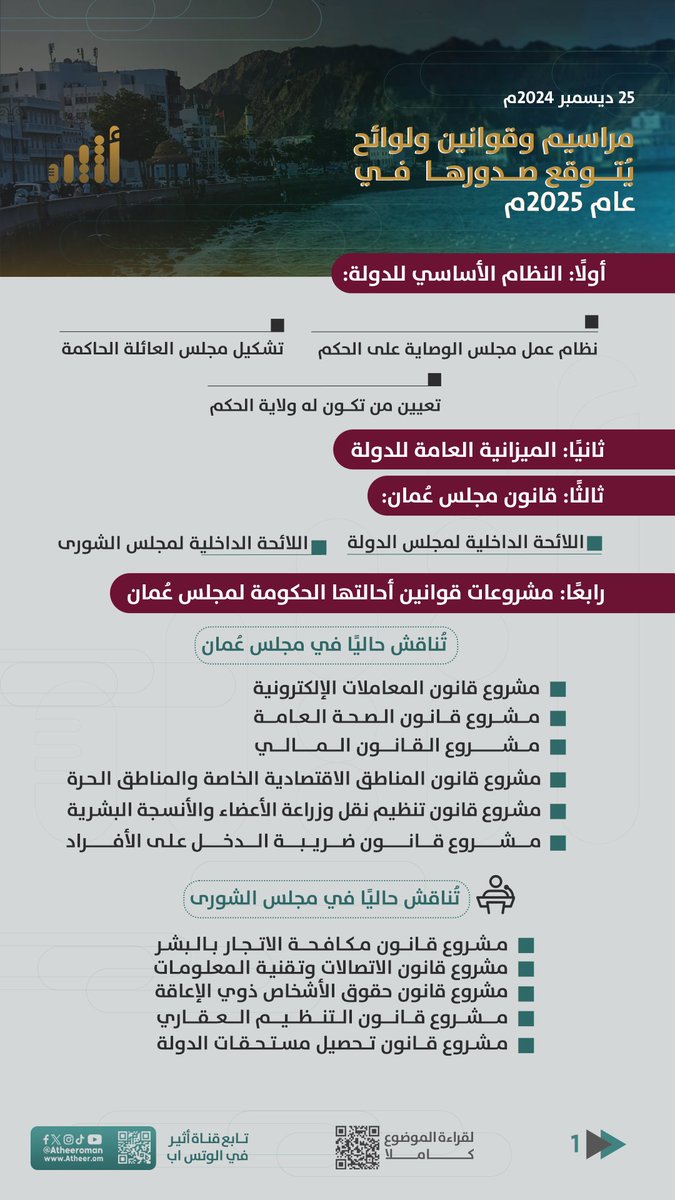 أثيـر | Atheer.om (@atheer_oman) on Twitter photo #أثير| ما المراسيم والقوانين التي يُتوقع صدورها في عام 2025م؟
يُمكن تحديدها بناءً على:
- النظام الأساسي للدولة
- الميزانية العامة للدولة
- قانون مجلس عُمان
- مشروعات القوانين التي أحالتها الحكومة إلى مجلس عُمان
<a href="/ShuraCouncil_OM/">مجلس الشورى</a> <a href="/OmanStateCounci/">مجلس الدولة _ سلطنة عُمان</a> <a href="/OMAN_MOF/">وزارة المالية - سلطنة عُمان</a> #أثير| ما المراسيم والقوانين التي يُتوقع صدورها في عام 2025م؟
يُمكن تحديدها بناءً على:
- النظام الأساسي للدولة
- الميزانية العامة للدولة
- قانون مجلس عُمان
- مشروعات القوانين التي أحالتها الحكومة إلى مجلس عُمان
<a href="/ShuraCouncil_OM/">مجلس الشورى</a> <a href="/OmanStateCounci/">مجلس الدولة _ سلطنة عُمان</a> <a href="/OMAN_MOF/">وزارة المالية - سلطنة عُمان</a>