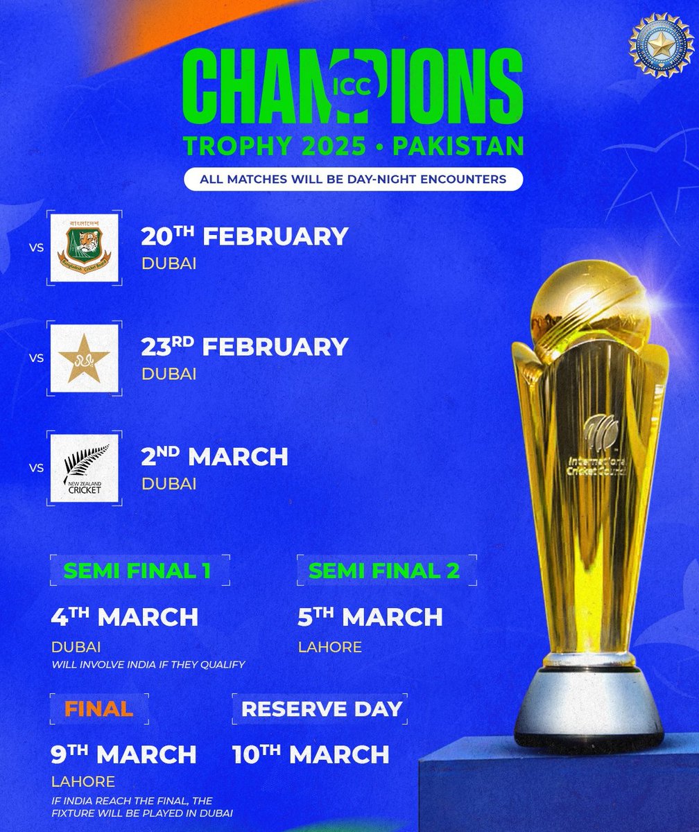 Rahulcric02's tweet photo. The ICC Champions Trophy 2025 fixtures are out 🙌

#TeamIndia 🇮🇳 set to play their matches in the UAE 💪

We begin our campaign with a clash against Bangladesh on 20th February, 2025 👍 
#ChampionsTrophy2025 #INDvsAUS https://t.co/iVAFZFMnZD