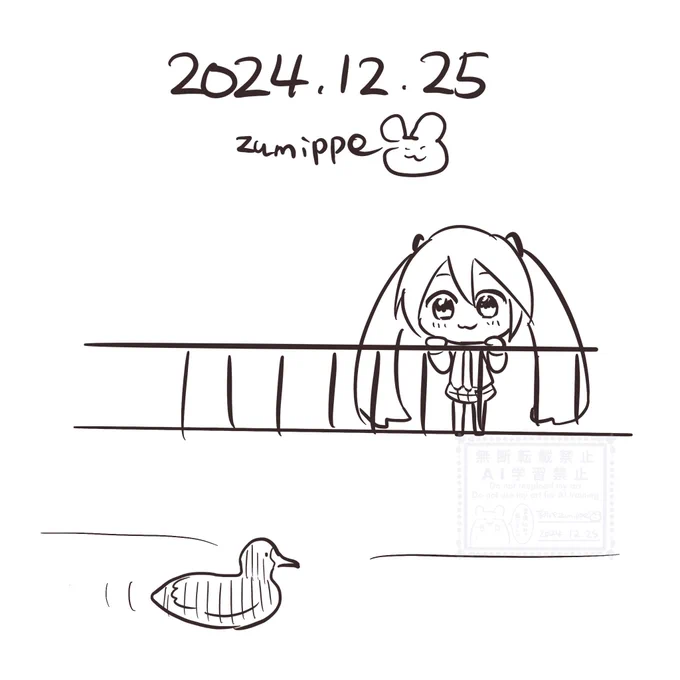 #5分絵日記 #初音ミク 
今日は川に黒いカモがいました。 