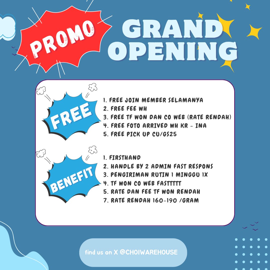 📢📢 PROMOO GRAND OPENING 📢📢

💙 CHOI WAREHOUSE SPECIAL PRESENT 💙

🇰🇷 JINJU
🇮🇩 BANDUNG

✅️ FIRST HAND
✔️ FREE TF WON&amp;CO WEB
✔️ RATE RENDAH (EMS TAX 160 - 190/gr)
✔️ FREE PICK UP FEE CU/GS25 Bantaek
✔️ PENGIRIMN RUTIN 1 MINGGU 1X

⬇️ CHECK THREAD FOR DETAIL ⬇️