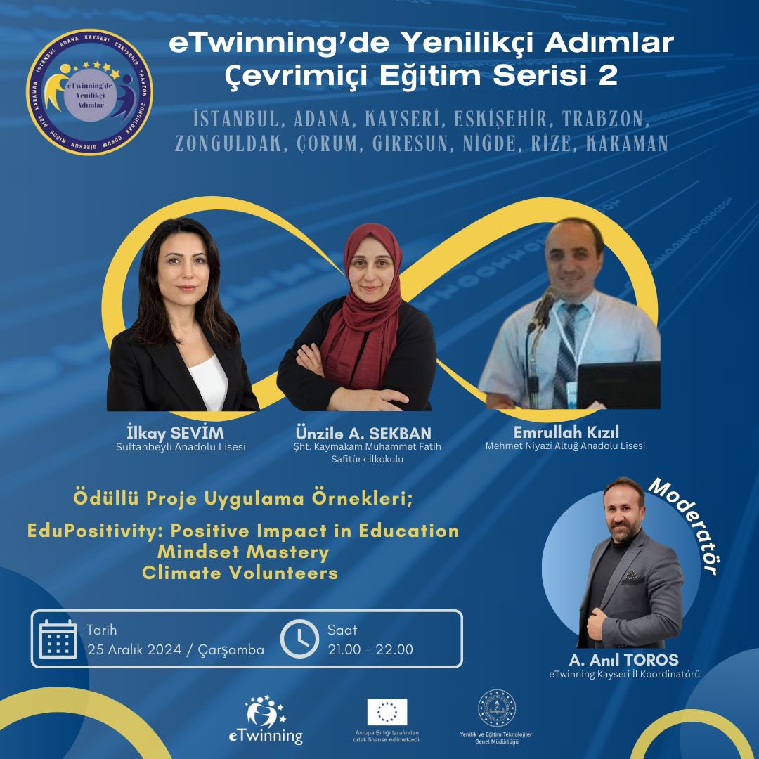 eTwinning_ist's tweet photo. 📣11 eTwinning İl Koordinatörünün iş birliği ile yürütülen “eTwinning’de Yenilikçi Adımlar” Çevrim İçi Eğitim Serimiz Tüm Hızıyla Devam Ediyor!🚀

📢İşte İkinci Eğitimimiz:Ödüllü Proje Örnekleri
🗓 25 Aralık 2024 Çarşamba
⏰ 21.00 

🔗Toplantı Linki : https://t.co/yk5VWdccTZ https://t.co/BdYpDwLvxw