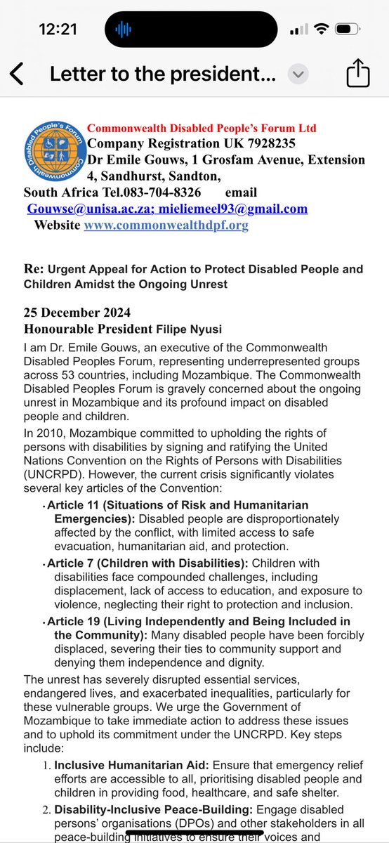KimRundle6's tweet image. @Cidiachissungo 
We have send out message to #presidentofmozambique 
Call to action for disabled persons in Mozambique. 
#UNCRPD 
@commonwealthDPF