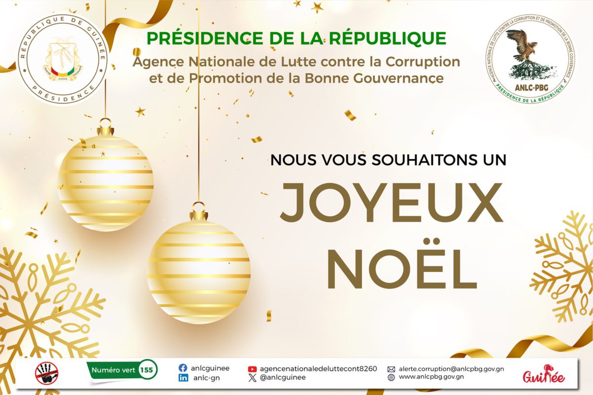 En ce jour de Noël, l’ <a href="/anlcguinee/">ANLC-PBG</a> souhaite à tous les chrétiens de la Guinée et du monde une belle fête !

#anlcpbg #CNRD #BonneGouvernance #𝐋𝐮𝐭𝐭𝐞𝐂𝐨𝐧𝐭𝐫𝐞𝐋𝐚𝐂𝐨𝐫𝐫𝐮𝐩𝐭𝐢𝐨𝐧 #contrelacorruptionjemengage #joyeuxnoel #Guinee