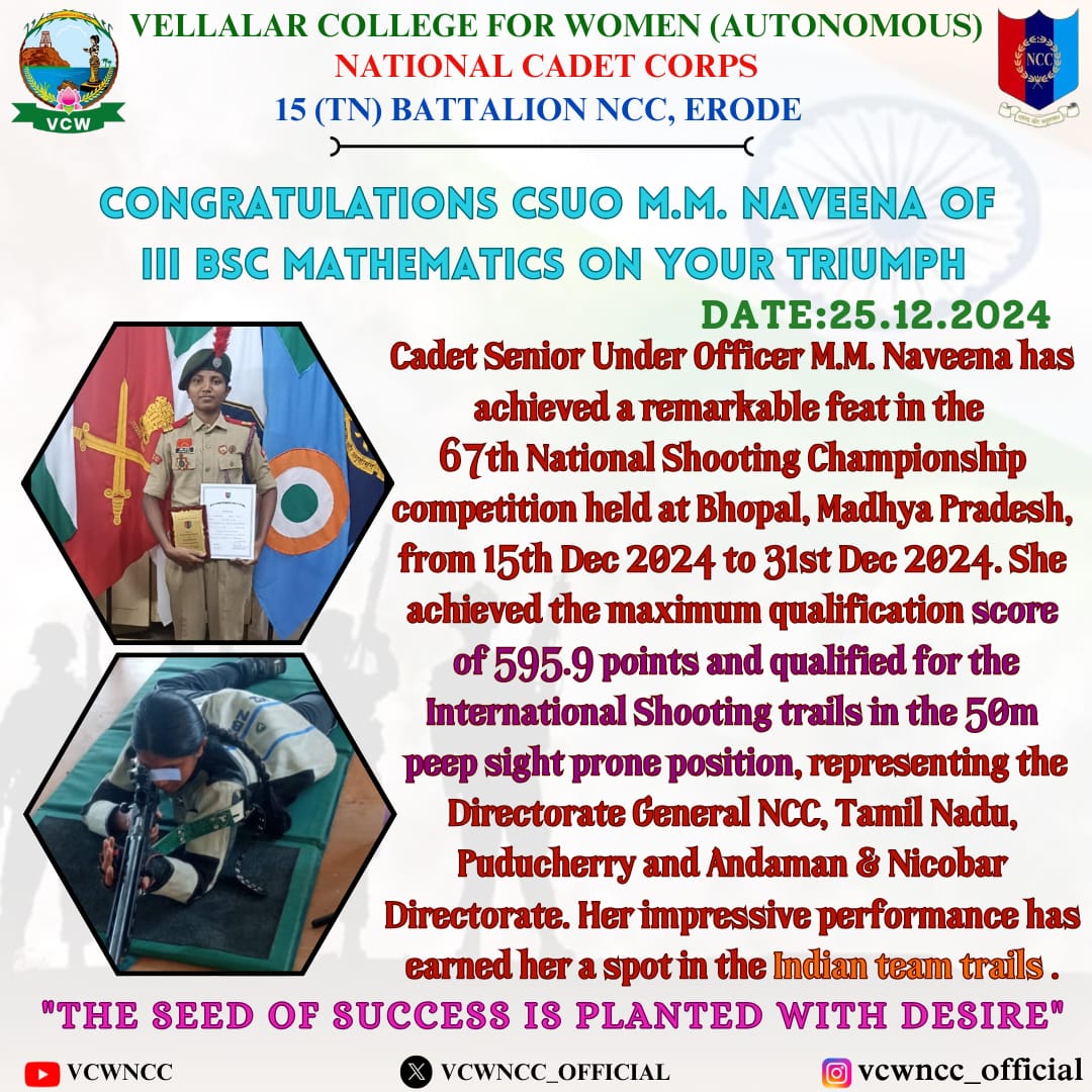 vcwncc's tweet photo. Appreciating our VCW Cadet CSUO M.M.Naveena for her performance in 67th National Shooting Championship at Bhopal, Madhya pradesh.

“If you can dream it, you can do it.”
@NCCDte_TNPAN @HQ_DG_NCC @Ko_Champions @erodencc #vcw #ncc #achieve #shootingchampionship #triumph #jaihind https://t.co/SF2Tr1GqP4