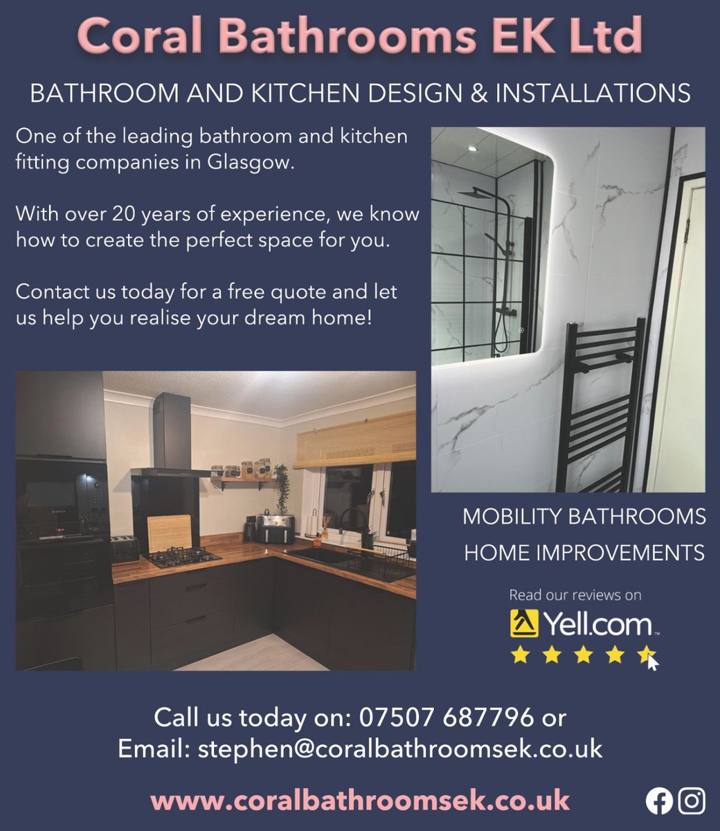 vanbythehour's tweet photo. https://t.co/zIY3s83I6R Transform your home with Coral Bathrooms EK Ltd! We are one of the leading bathroom & kitchen fitting companies in Glasgow with over 20 years of experience. Contact us today for a free quote. 07507 687796 #BathroomDesign #KitchenInstallation https://t.co/0isFrWVSnK