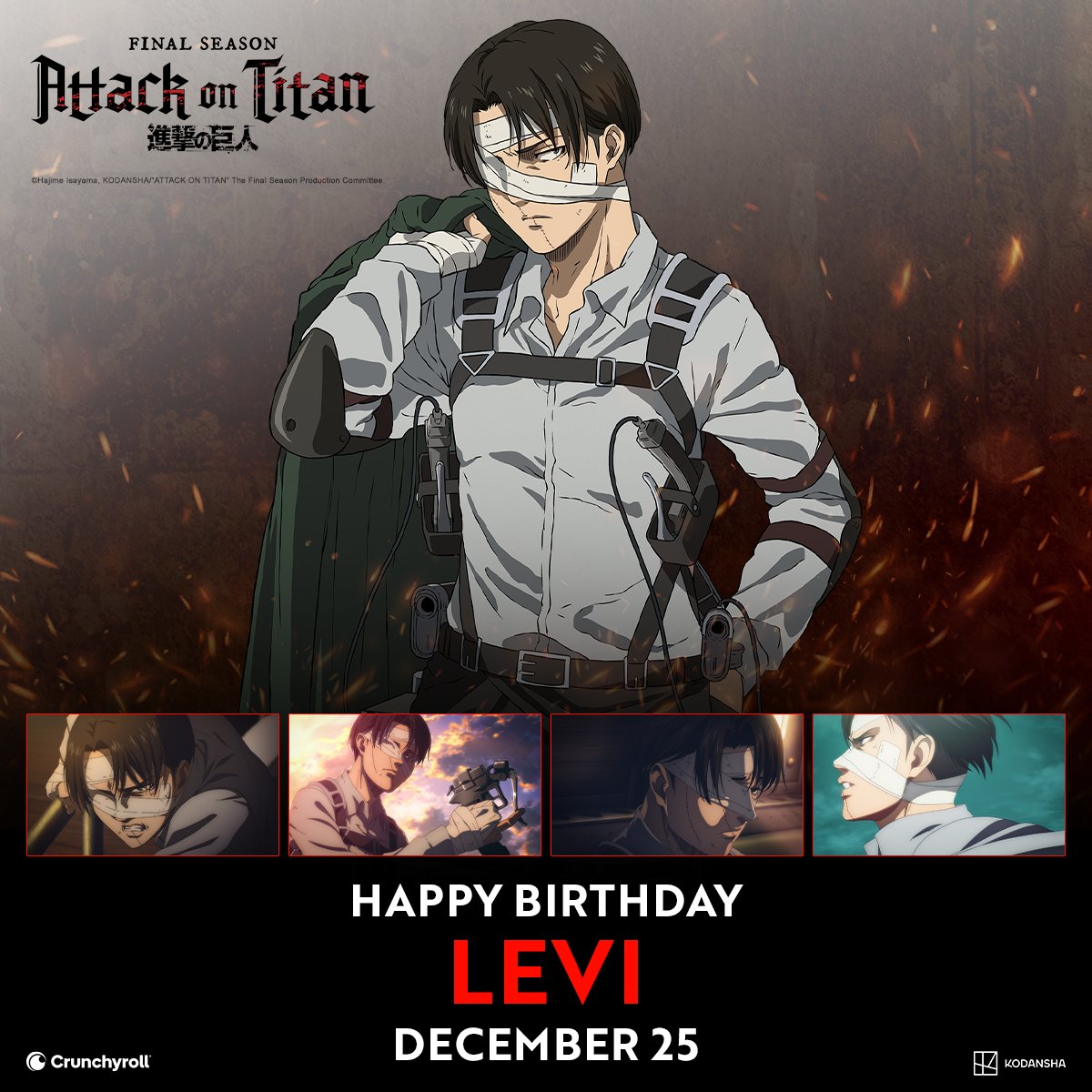 AttackOnTitanEN's tweet photo. Wishing a Happy Birthday to the one and only Captain Levi 💪🔥 https://t.co/bDiAaGUj26