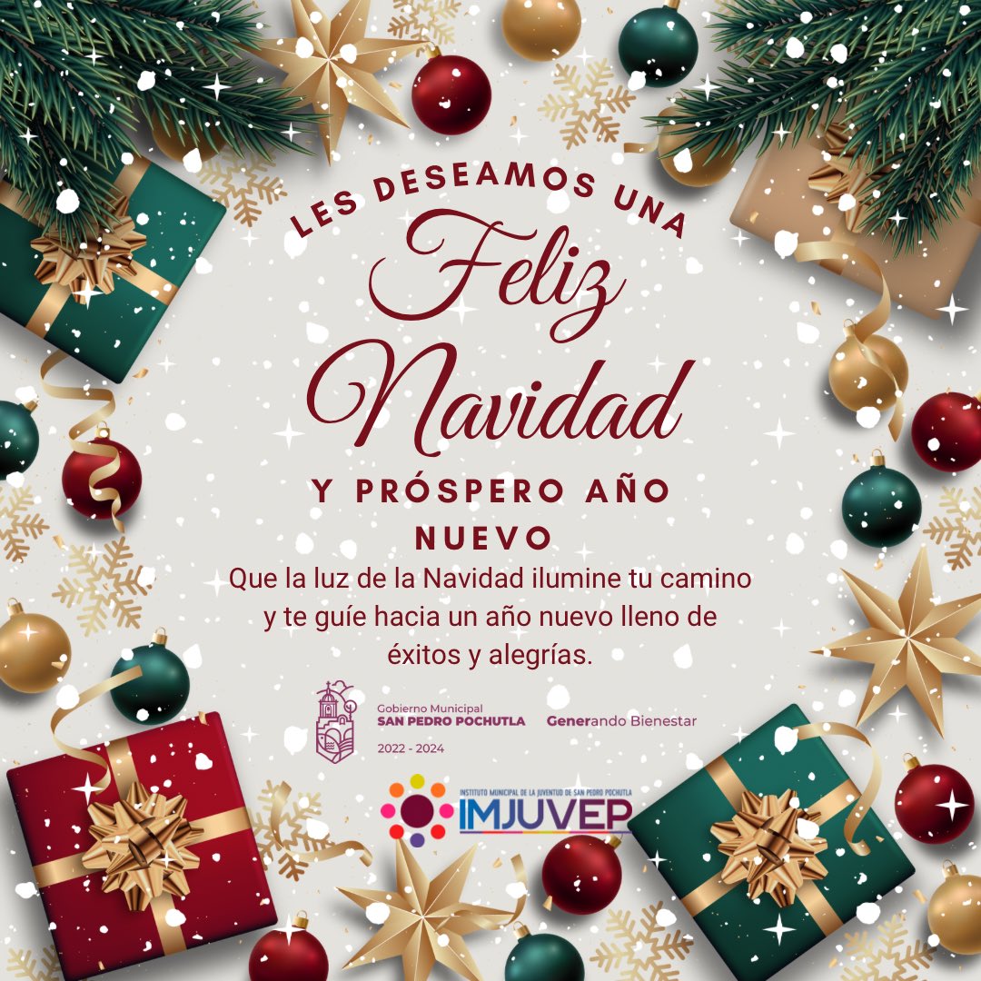 IMJUVEP's tweet photo. 🎄✨ ¡Feliz Navidad! ✨🎄

En esta #Navidad, deseamos que la alegría, la paz y el amor llenen sus hogares y corazones. Desde el Gobierno Municipal de San Pedro Pochutla, reafirmamos nuestro compromiso de seguir trabajando por el bienestar de todas las familias pochutlecas. ❤️🎁 https://t.co/PQuOwi5QZ7
